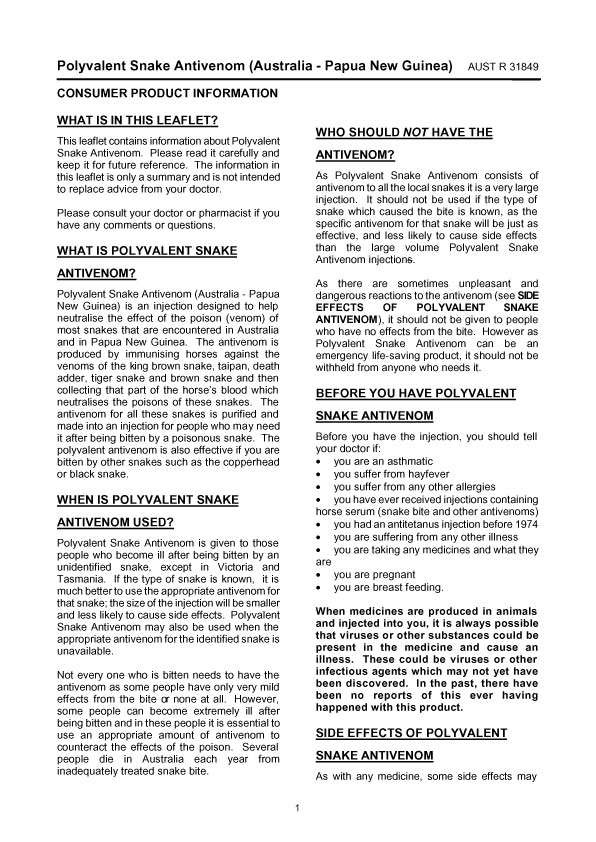 1. of 2 page of product information: POLYVALENT SNAKE ANTIVENOM