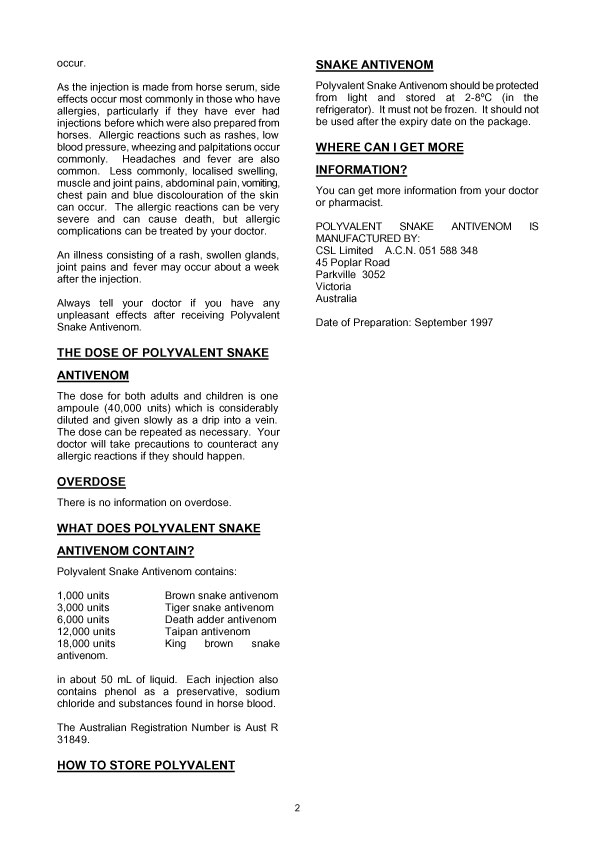 2. of 2 page of product information: POLYVALENT SNAKE ANTIVENOM