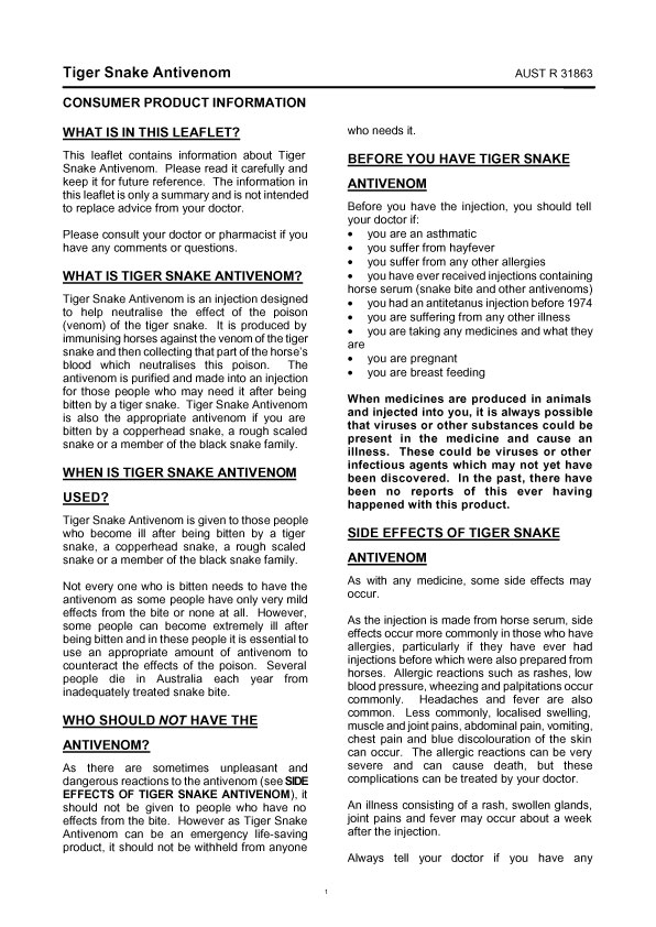 1. of 2 page of product information: TIGER SNAKE ANTIVENOM