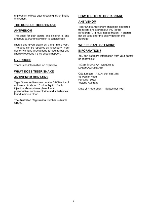 2. of 2 page of product information: TIGER SNAKE ANTIVENOM