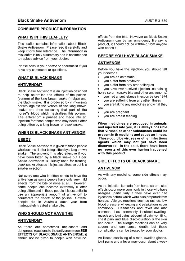 1. of 2 page of product information: BLACK SNAKE ANTIVENOM