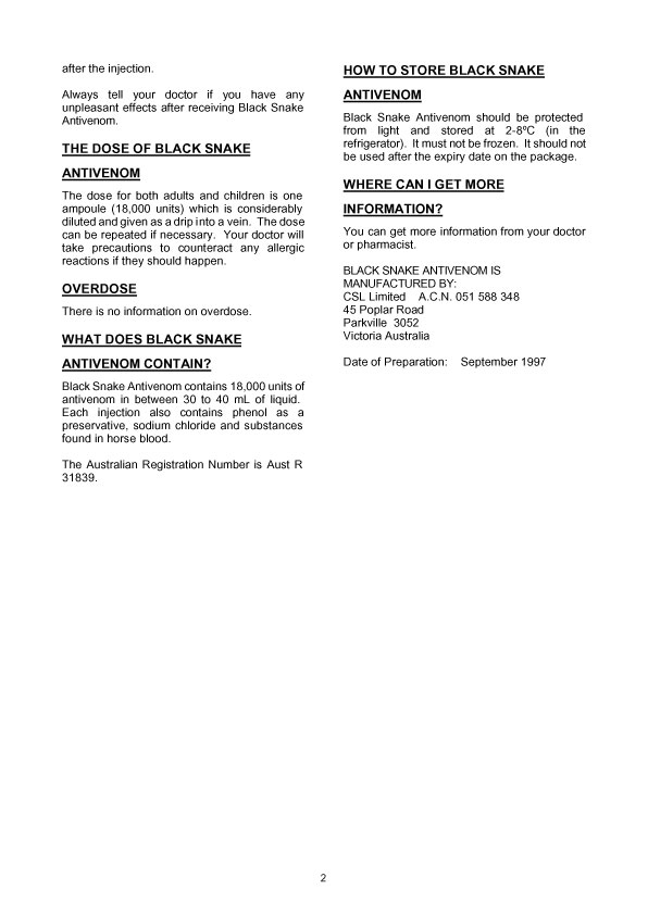 2. of 2 page of product information: BLACK SNAKE ANTIVENOM
