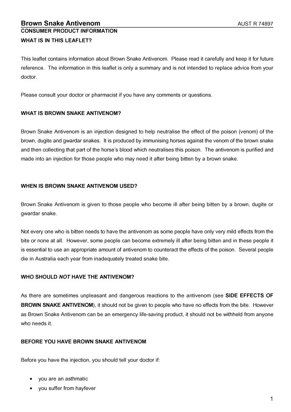 1. of 3 page of product information: BROWN SNAKE ANTIVENOM