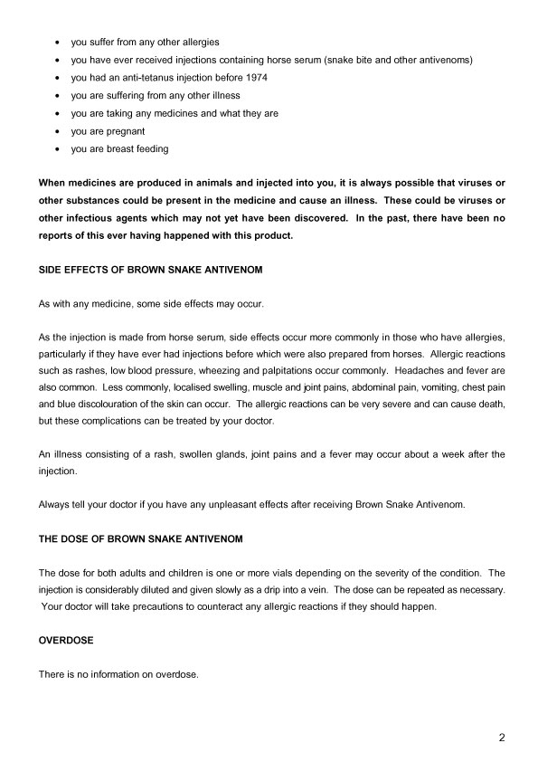 2. of 3 page of product information: BROWN SNAKE ANTIVENOM