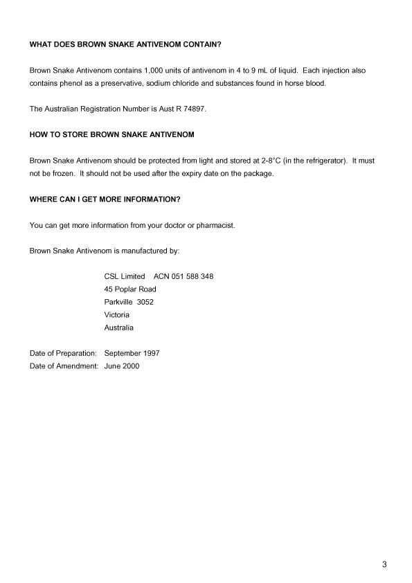 3. of 3 page of product information: BROWN SNAKE ANTIVENOM