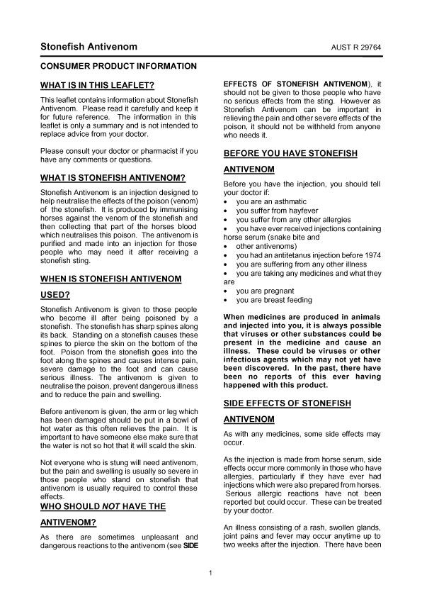 1. of 2 page of product information: STONEFISH ANTIVENOM