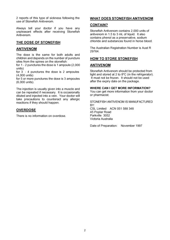 2. of 2 page of product information: STONEFISH ANTIVENOM