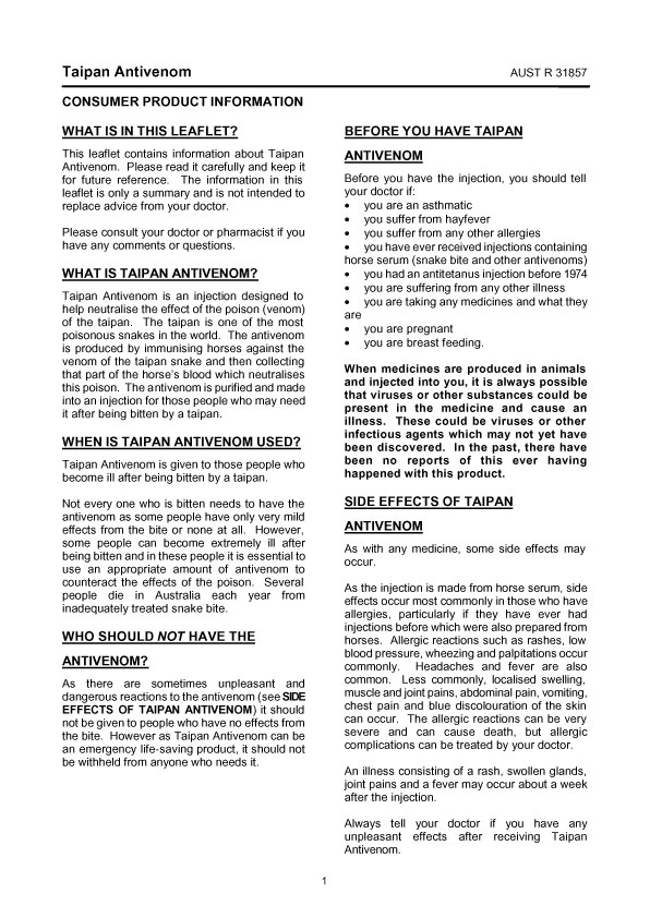 1. of 2 page of product information: TAIPAN ANTIVENOM