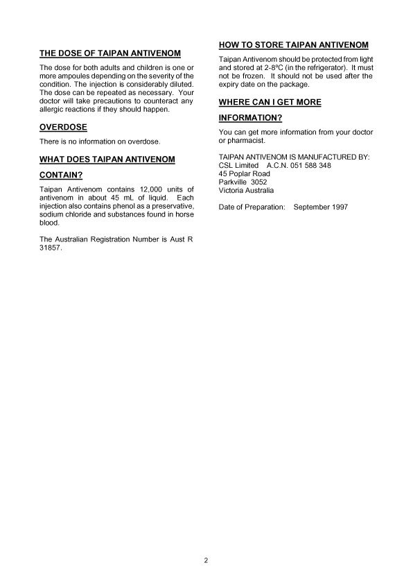 2. of 2 page of product information: TAIPAN ANTIVENOM