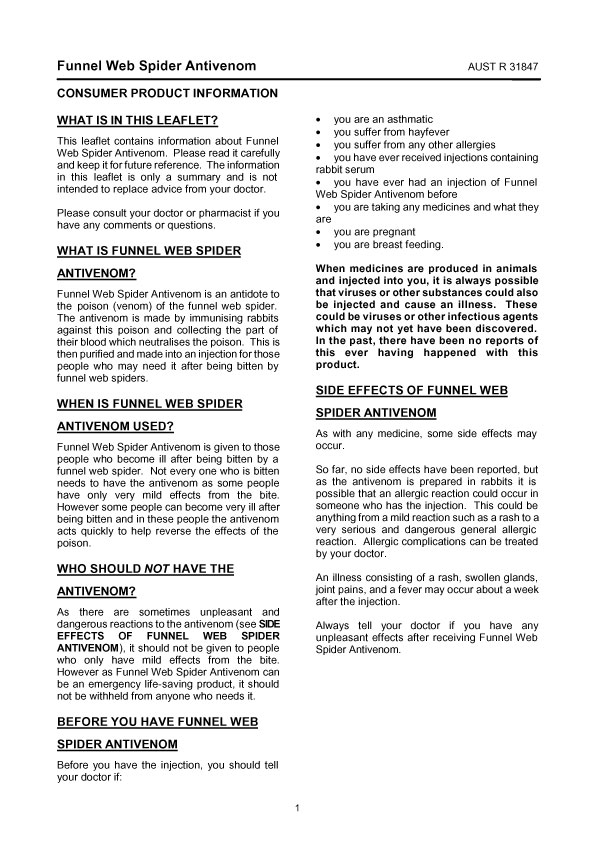 1. of 2 page of product information: FUNNEL WEB SPIDER ANTIVENOM