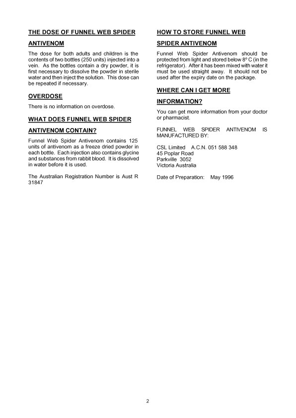 2. of 2 page of product information: FUNNEL WEB SPIDER ANTIVENOM
