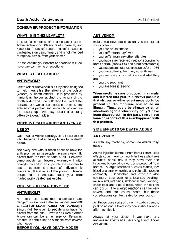 1. of 2 page of product information: DEATH ADDER ANTIVENOM