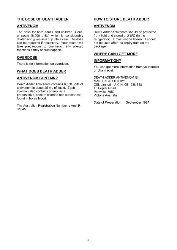 2. of 2 page of product information: DEATH ADDER ANTIVENOM